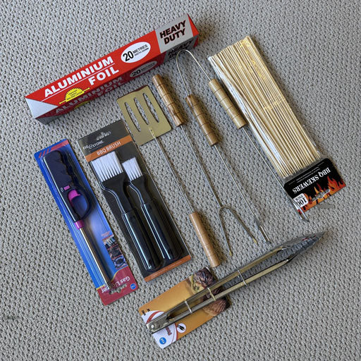 BBQ Accessories Set of 6 Items (Brushes + Tong + Tools + Foil + Lighter + Skewers)