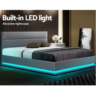 LUMIN Grey LED Gas Lift QUEEN Bed Frame Linen Fabric