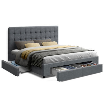 AVION Grey QUEEN/ KING 4-Drawer Bed Frame Linen Fabric