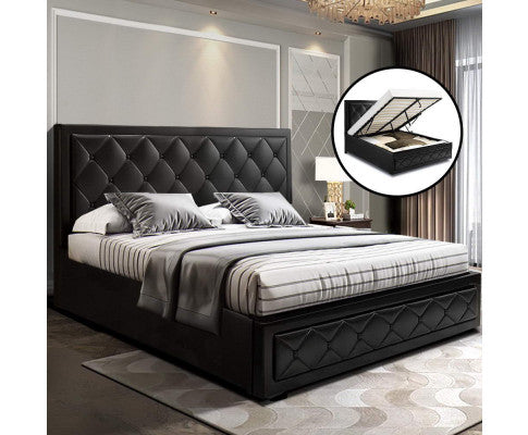 TIYON Black Leather Gas Lift QUEEN / DOUBLE/ KING Bed Frame