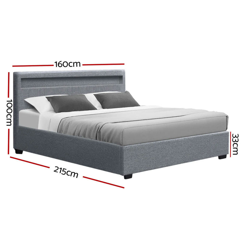 COLEN Grey LED Fabric Gas Lift DOUBLE/ QUEEN Bed Frame