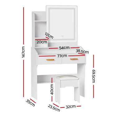 DORIN Mirror LED Dressing Table with Stool, Shelves and Drawers H147 x W77 x D39 (cm)