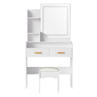 DORIN Mirror LED Dressing Table with Stool, Shelves and Drawers H147 x W77 x D39 (cm)