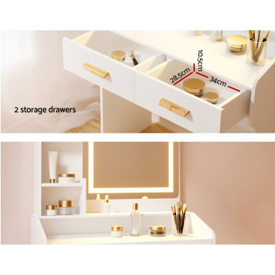 DORIN Mirror LED Dressing Table with Stool, Shelves and Drawers H147 x W77 x D39 (cm)