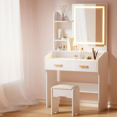 DORIN Mirror LED Dressing Table with Stool, Shelves and Drawers H147 x W77 x D39 (cm)