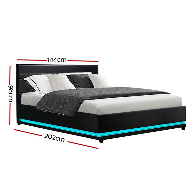 LUMIN Black LED Gas Lift DOUBLE/QUEEN/KING Bed Frame PU Leather