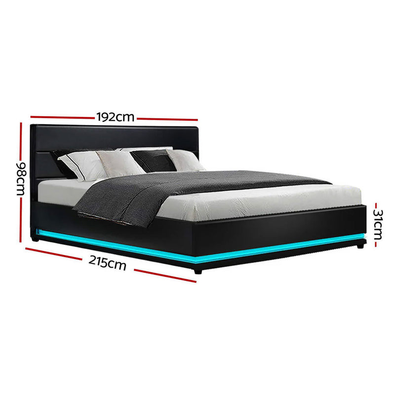 LUMIN Black LED Gas Lift DOUBLE/QUEEN/KING Bed Frame PU Leather