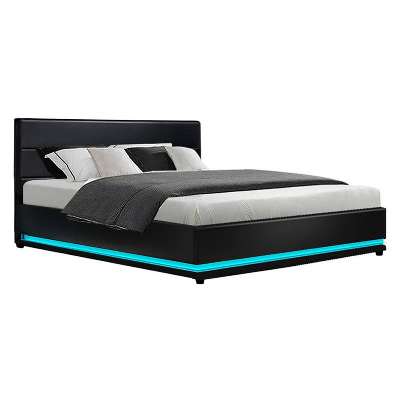 LUMIN Black LED Gas Lift DOUBLE/QUEEN/KING Bed Frame PU Leather