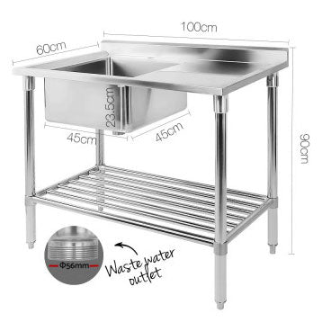 Sink Kitchen Bench Commercial 304 Stainless Steel L100xD60xH90cm