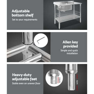 Sink Kitchen Bench Commercial 304 Stainless Steel L100xD60xH90cm