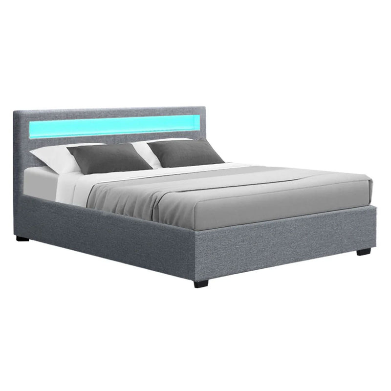 COLEN Grey LED Fabric Gas Lift DOUBLE/ QUEEN Bed Frame